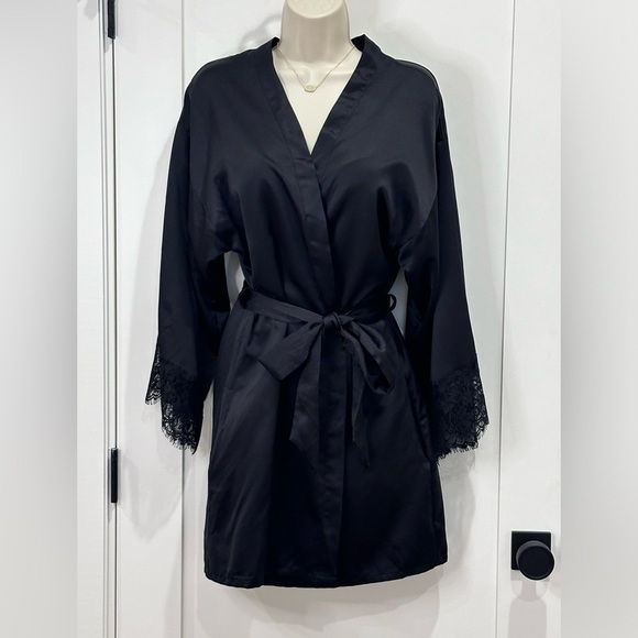 Ann Summers Black Satin Robe Wrap Mini Belted Lace Small Whimsigoth Romantic - Picture 2 of 11